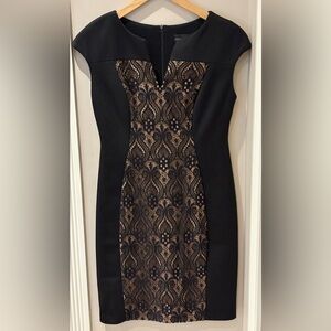 connected apparel Black Lace-Panel Midi Dress with Nude Lining